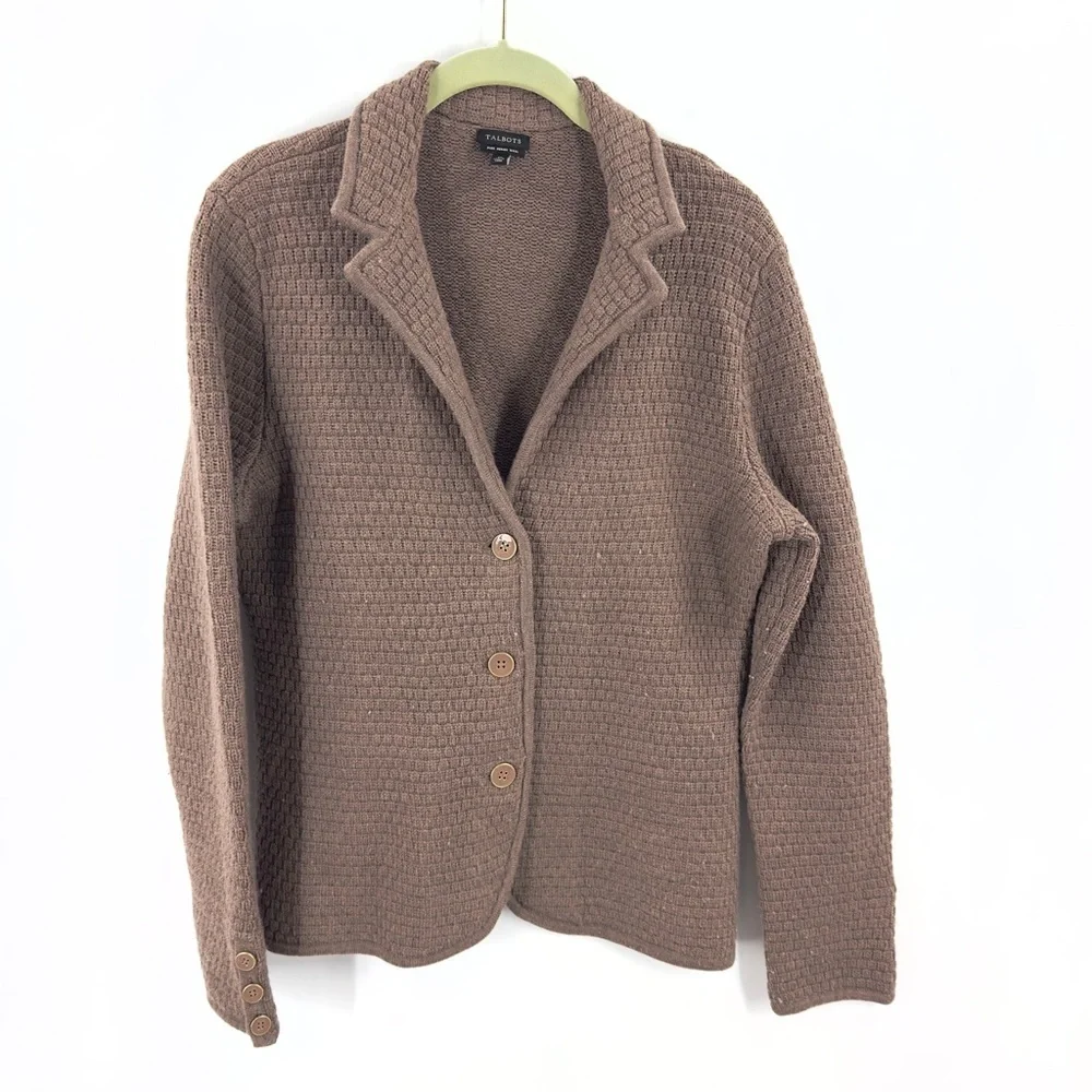 Talbots Merino Wool Cardigan Sweater Women Medium Brown Chunky Quiet Luxury Cozy